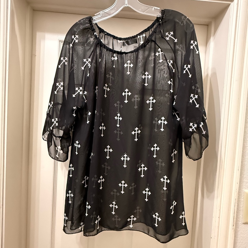 Elegant Black Sheer Blouse with Cross Design